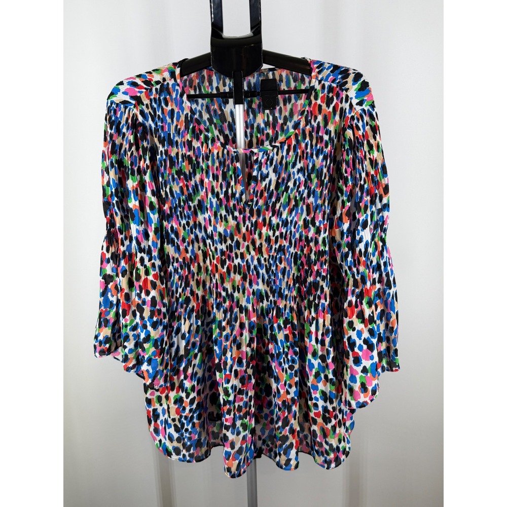 Multi Color Leopard Print Pleated Babydoll Blouse Bell Sleeve Abstract Top XL